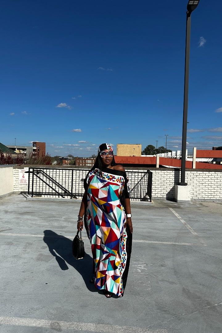 PRE-ORDER Rich Auntie Kaftan Maxi with Matching Scarf- Black Fuchsia, Turquoise White Blend Ships 5/14