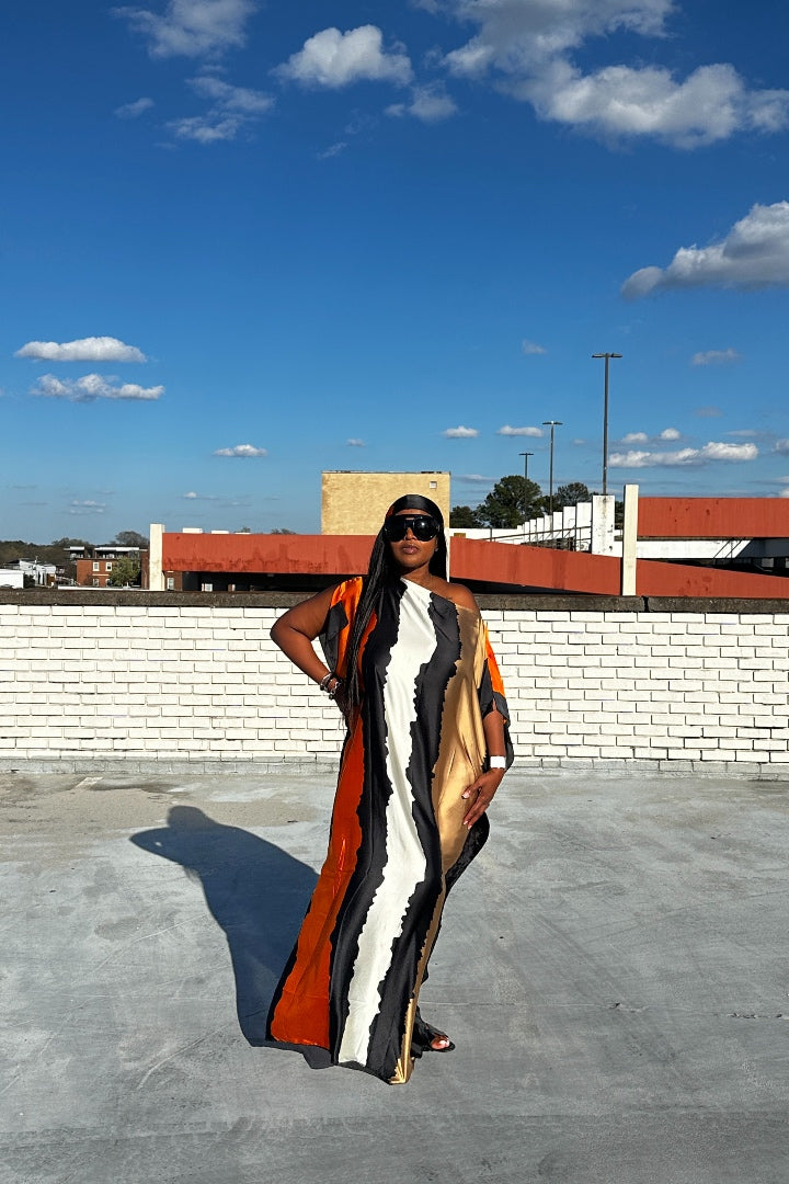 RESTOCKED Rich Auntie Satin Kaftan Maxi with Matching Scarf- Orange Cream and Chocolate Blend Ships 5/14