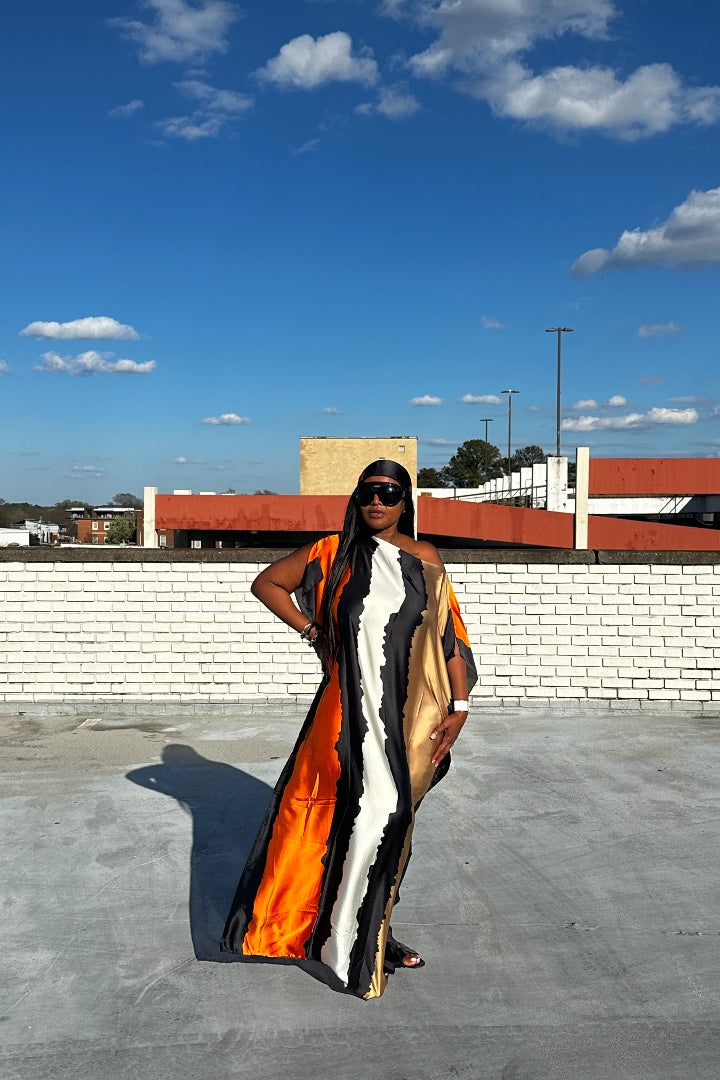 RESTOCKED Rich Auntie Satin Kaftan Maxi with Matching Scarf- Orange Cream and Chocolate Blend Ships 5/14