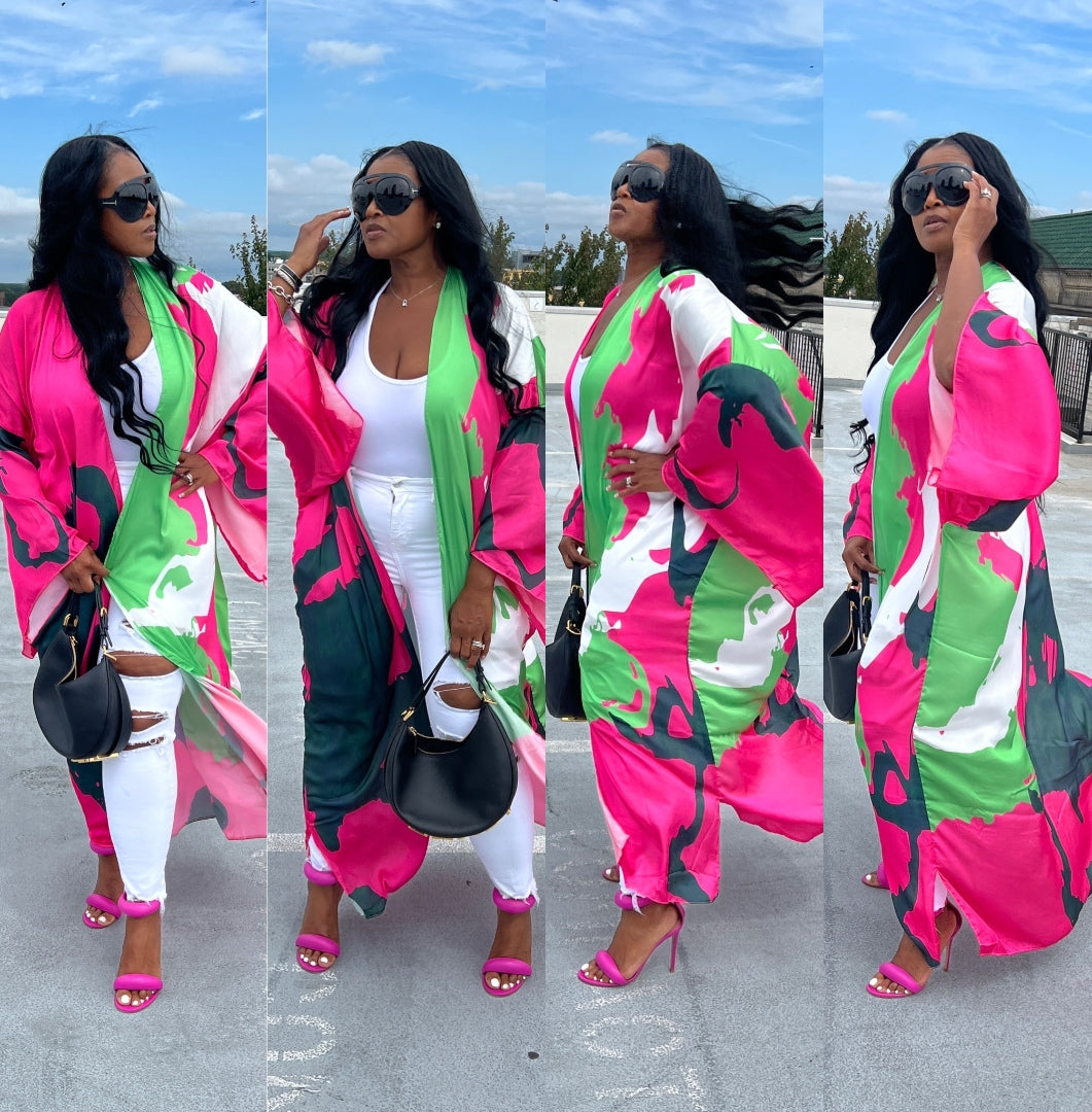RESTOCKED Osaka Satin Open Front Long Kimono - Pink Green and