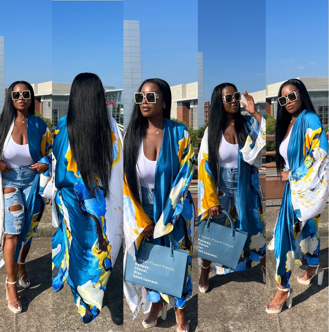 RESTOCKED Barbados Satin Open Front Long Kimono - Blue and Yellow Blend Ships 5/14