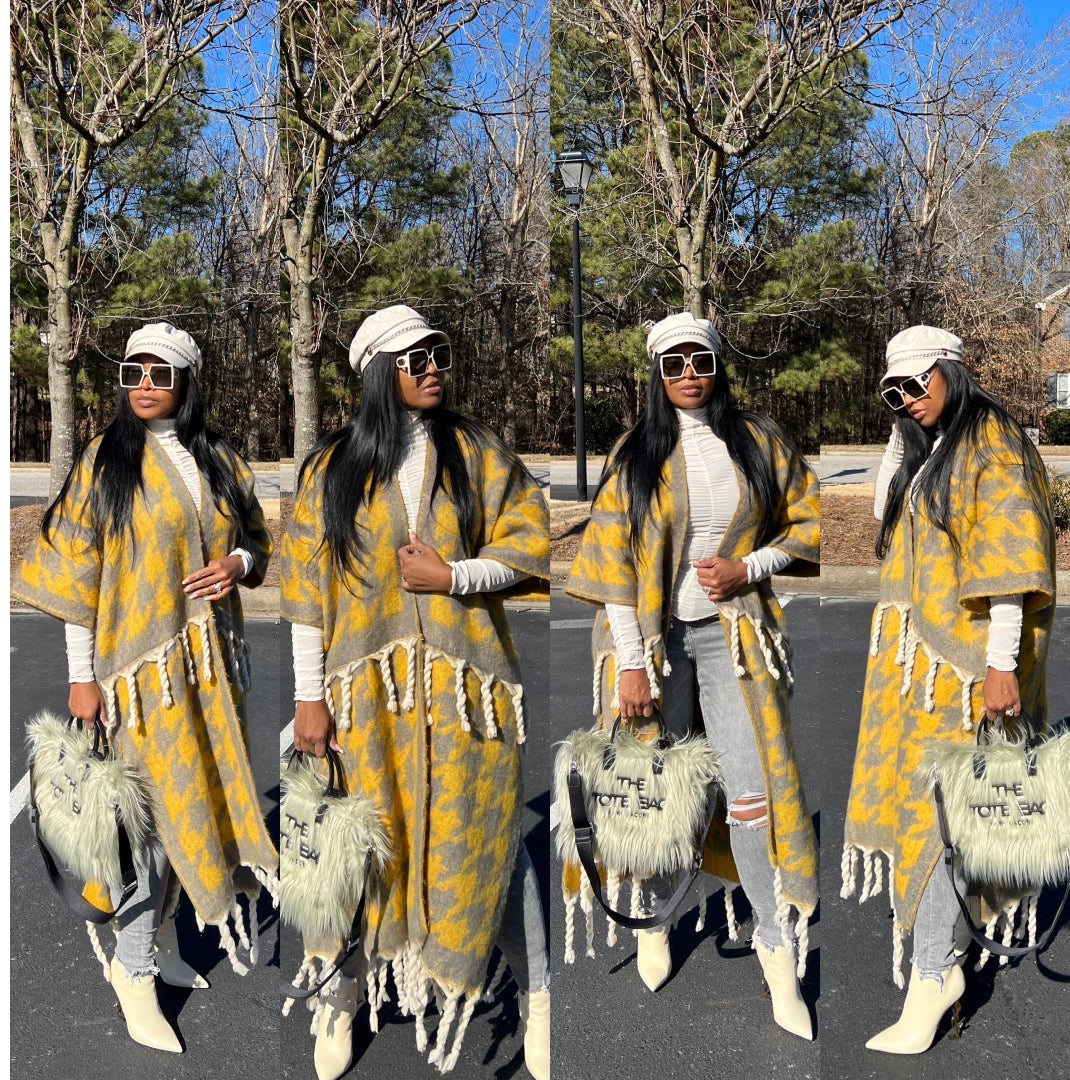 Restocked Rich Auntie Winter Open Front Long Kimono - Yellow and Grey Houndstooth Blend Ships 5/28