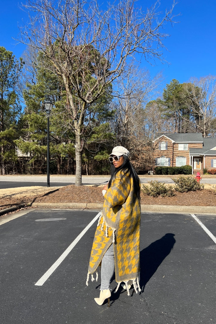 Restocked Rich Auntie Winter Open Front Long Kimono - Yellow and Grey Houndstooth Blend Ships 5/28