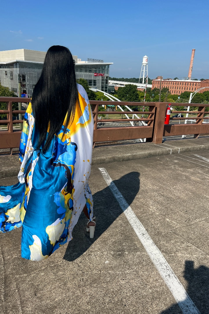 RESTOCKED Barbados Satin Open Front Long Kimono - Blue and Yellow Blend Ships 5/28