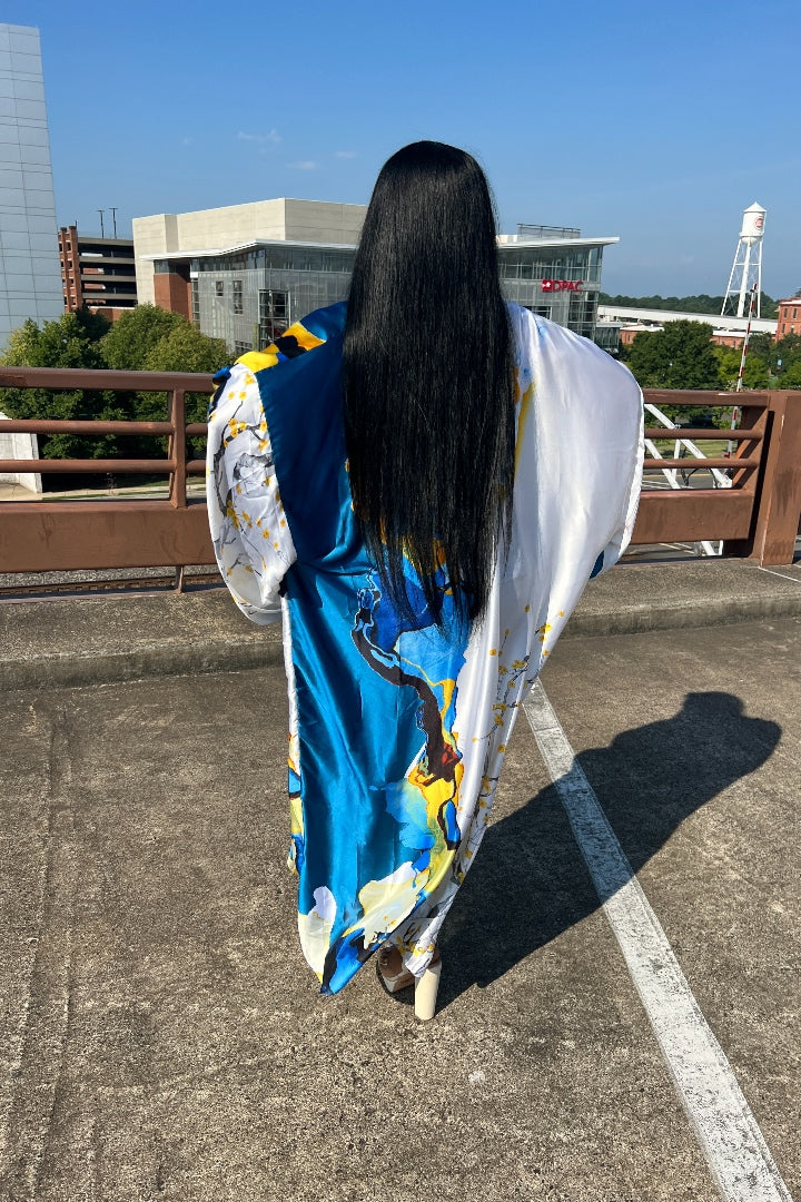 RESTOCKED Barbados Satin Open Front Long Kimono - Blue and Yellow Blend Ships 5/14
