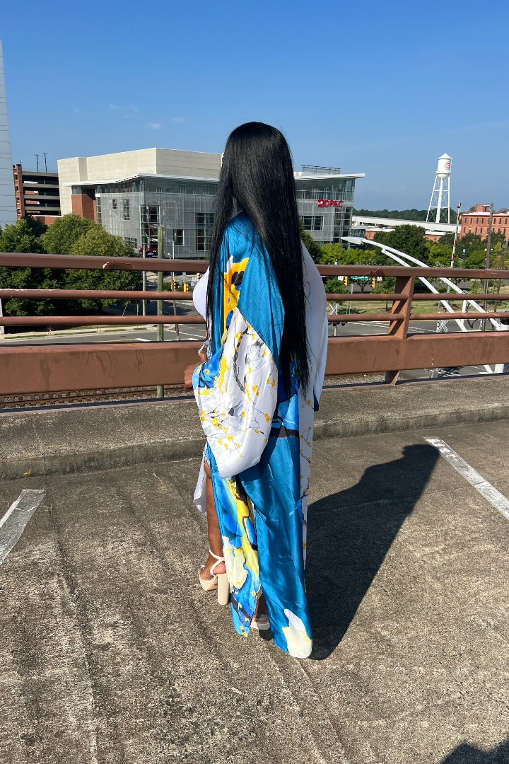 RESTOCKED Barbados Satin Open Front Long Kimono - Blue and Yellow Blend Ships 5/28