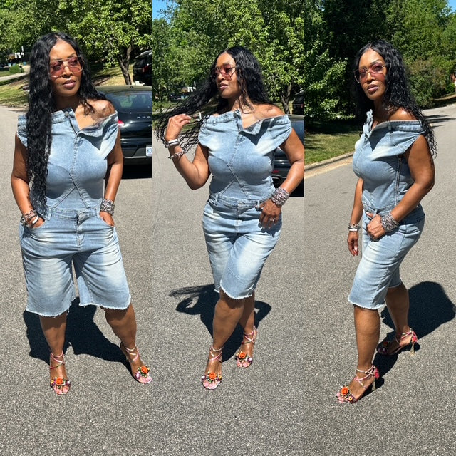 Chill Saturday Stretch  Denim Off the shoulder short romper