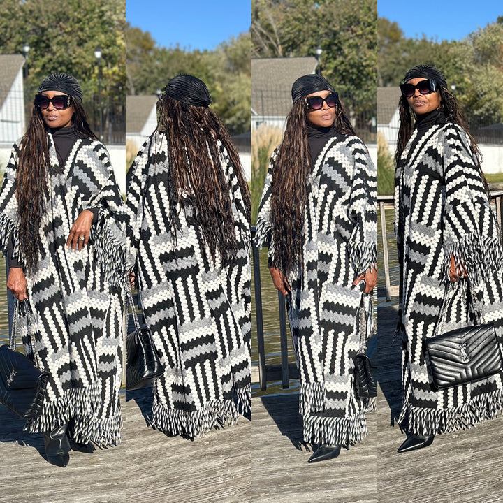 New Phoenix Open Front Long Crochet Coat Kimono - Black Grey White Blend Ships 11/4