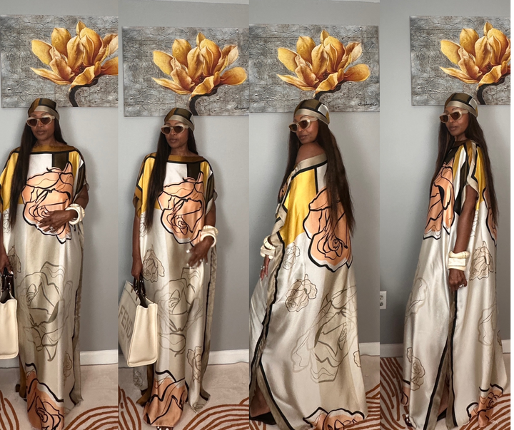 Vacation Vibes Kaftan Maxi Dress with Matching Scarf  -  Chocolate Peach Cream Yellow Blend Ships 6/12