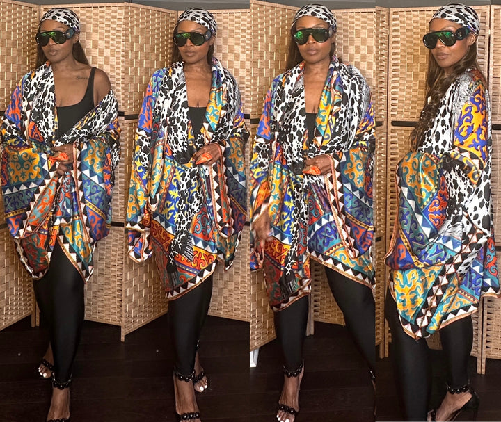 NEW Puerto Vallarta Short Kimono with matching belt - Black Cow Print  Turquoise Orange Royal Blue Blend Ships 7/27