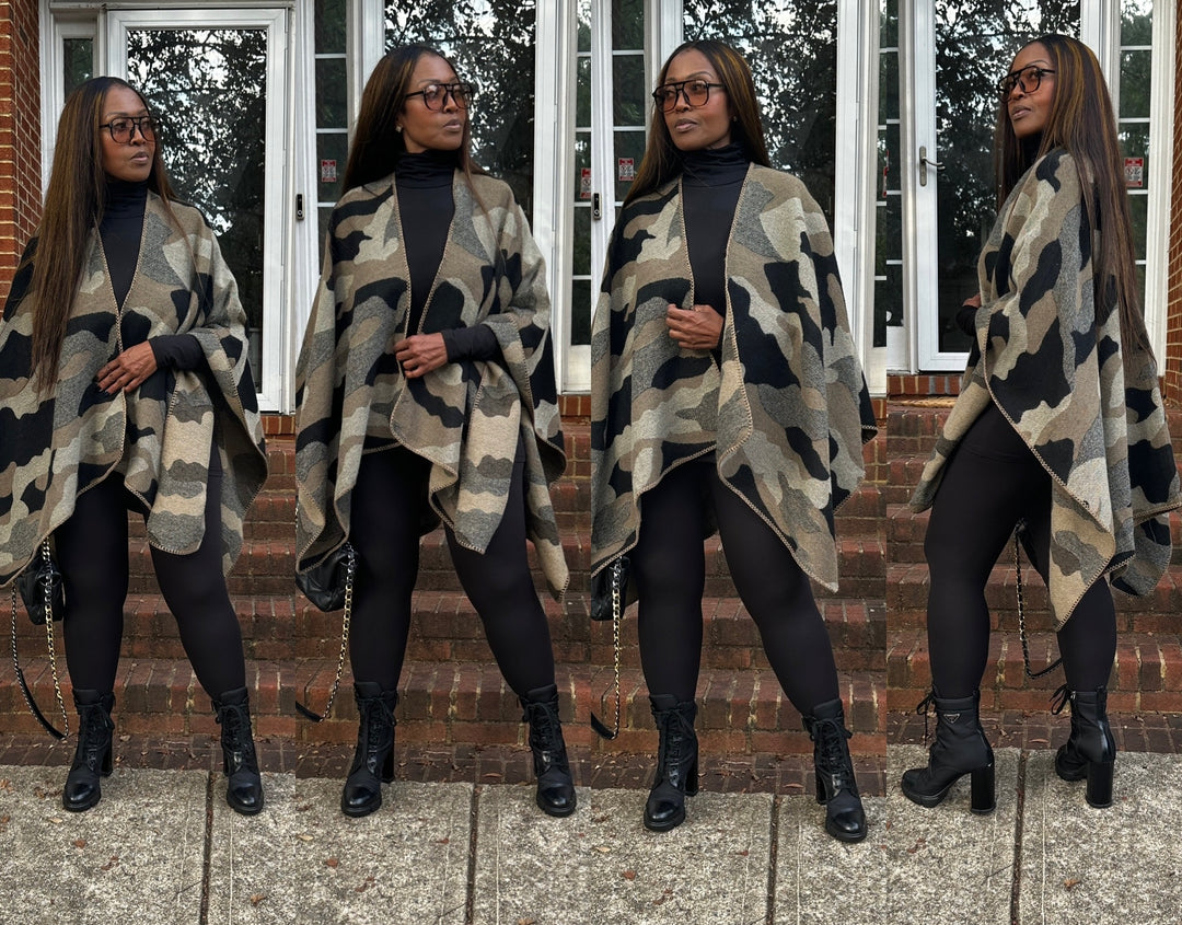 Camo Poncho Kimono Coat -  Olive Camo Print