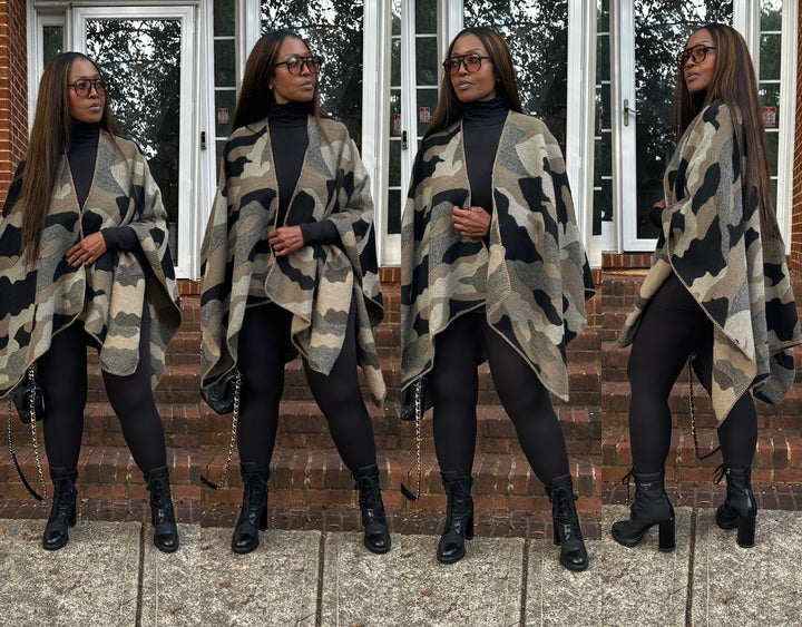 Camo Poncho Kimono Coat -  Olive Camo Print