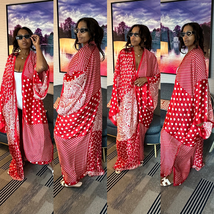 Tanzania Satin Open Front Kimono Long Kimono - Red Polka Dot Paisley Blend Ships 9/5