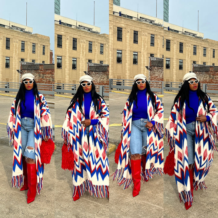 Rich Auntie Winter Fashion Kimono Coat - Red Cream Blue Blend Blend Ships 1/30