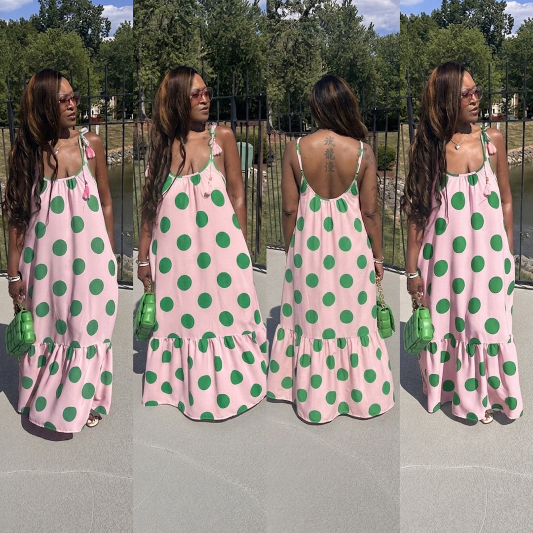 PRE-ORDER Pretty in Polka Dots Pink and Green Low Back Maxi Dress with Pockets Ships 8/15