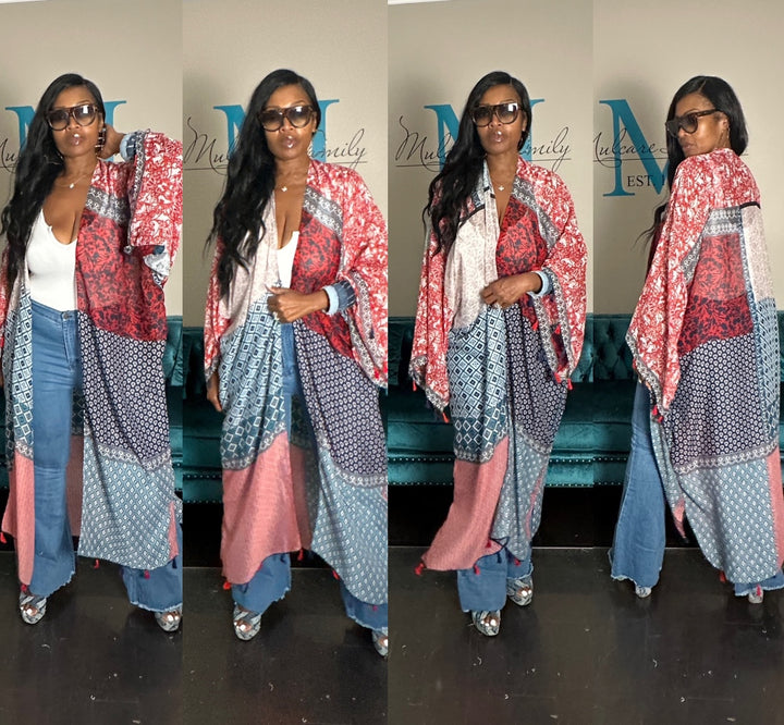 Brooklyn Open Front Kimono Long Kimono - Red blue Cream Blend Ships 9/10