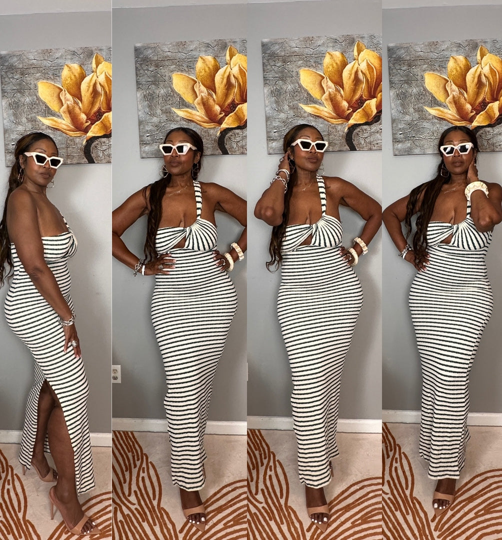 Showstopper Striped Maxi Dress - Cream and Forest Green