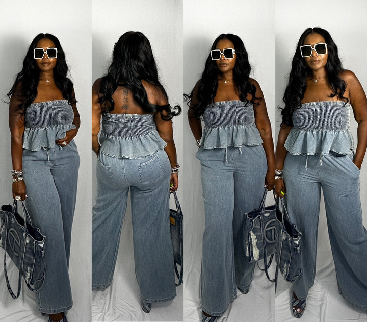 RESTOCKED Denim Peplum 2 piece stretch denim set