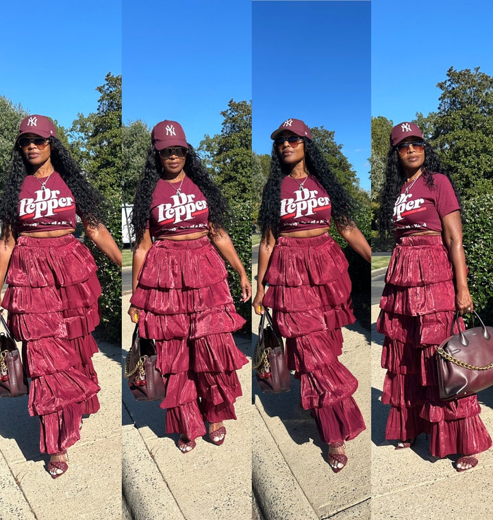 LUXE All the Vibes Bubble hem layered pants - Burgundy