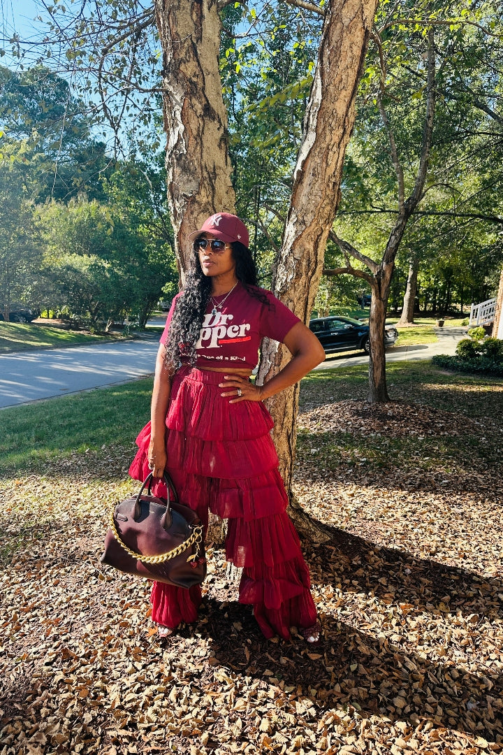 LUXE All the Vibes Bubble hem layered pants - Burgundy