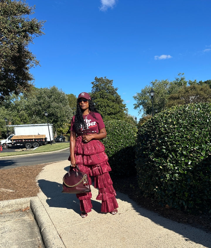 LUXE All the Vibes Bubble hem layered pants - Burgundy