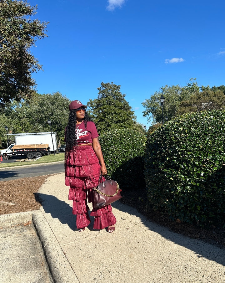 LUXE All the Vibes Bubble hem layered pants - Burgundy