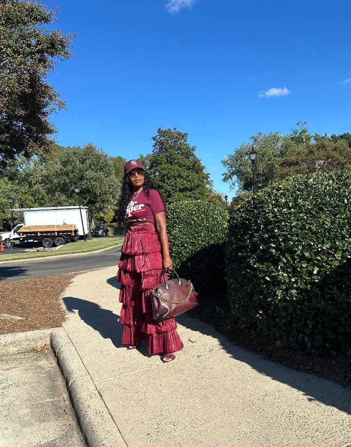 LUXE All the Vibes Bubble hem layered pants - Burgundy
