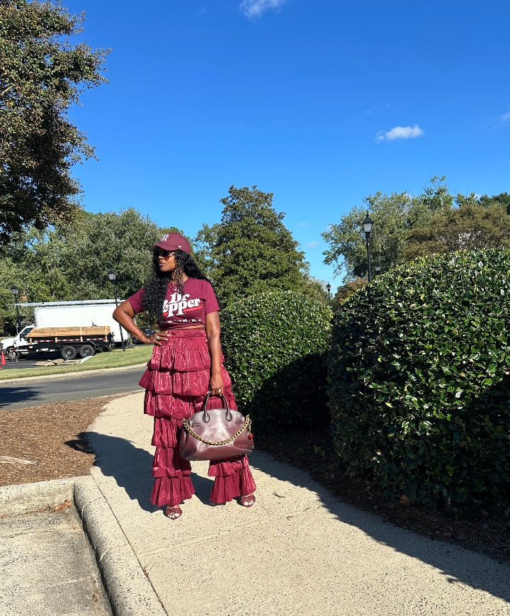 LUXE All the Vibes Bubble hem layered pants - Burgundy