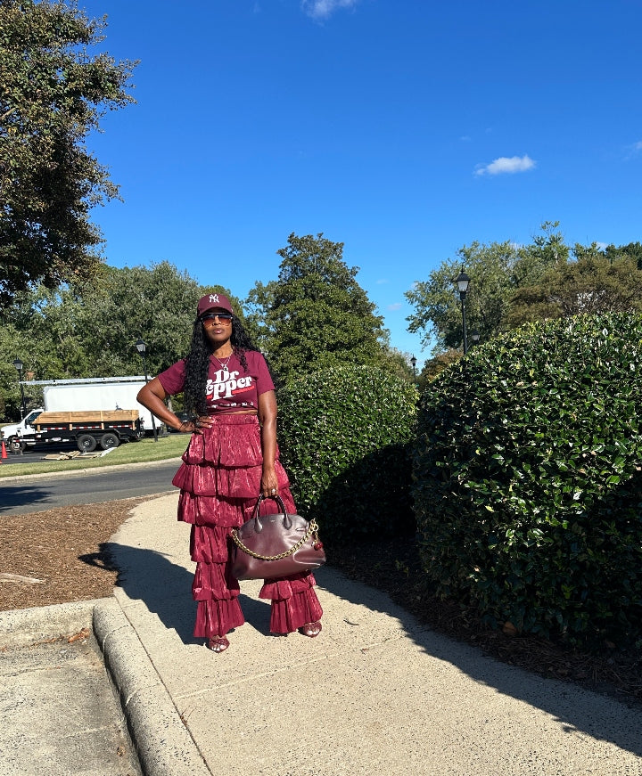 LUXE All the Vibes Bubble hem layered pants - Burgundy