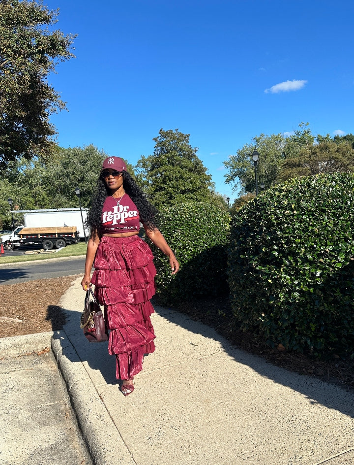LUXE All the Vibes Bubble hem layered pants - Burgundy