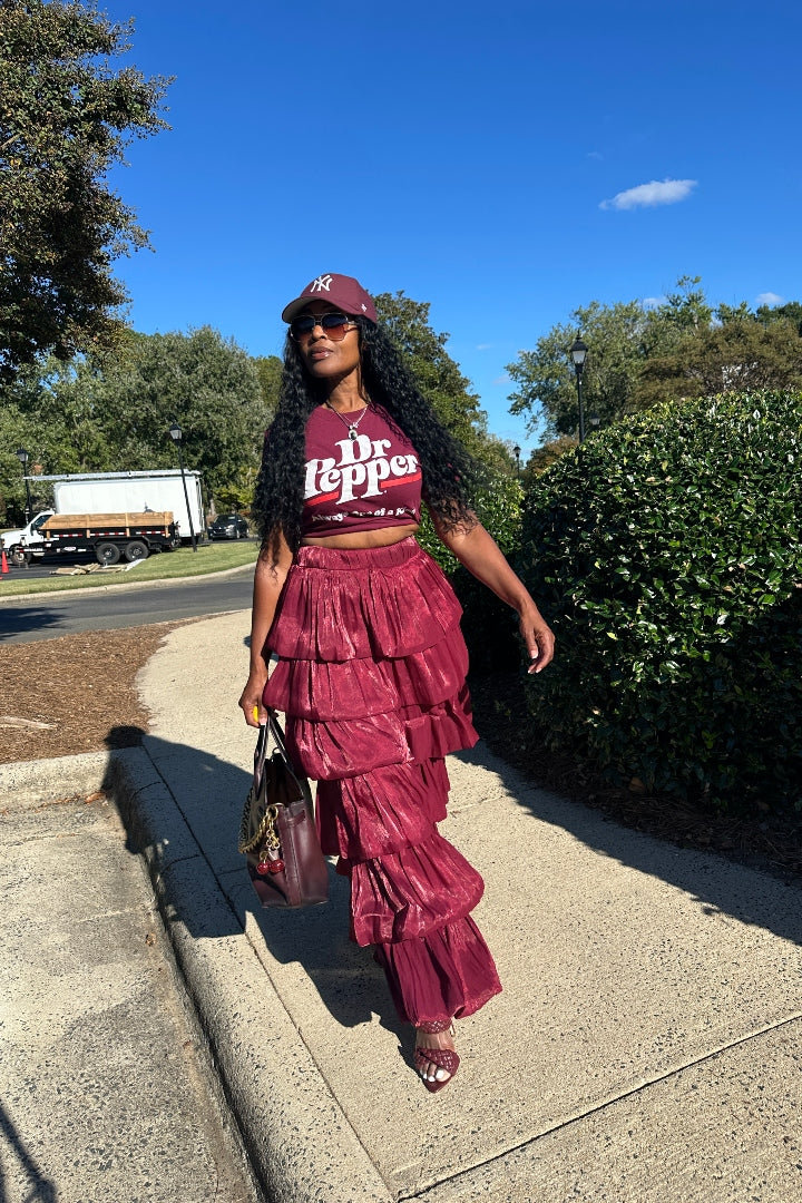 LUXE All the Vibes Bubble hem layered pants - Burgundy
