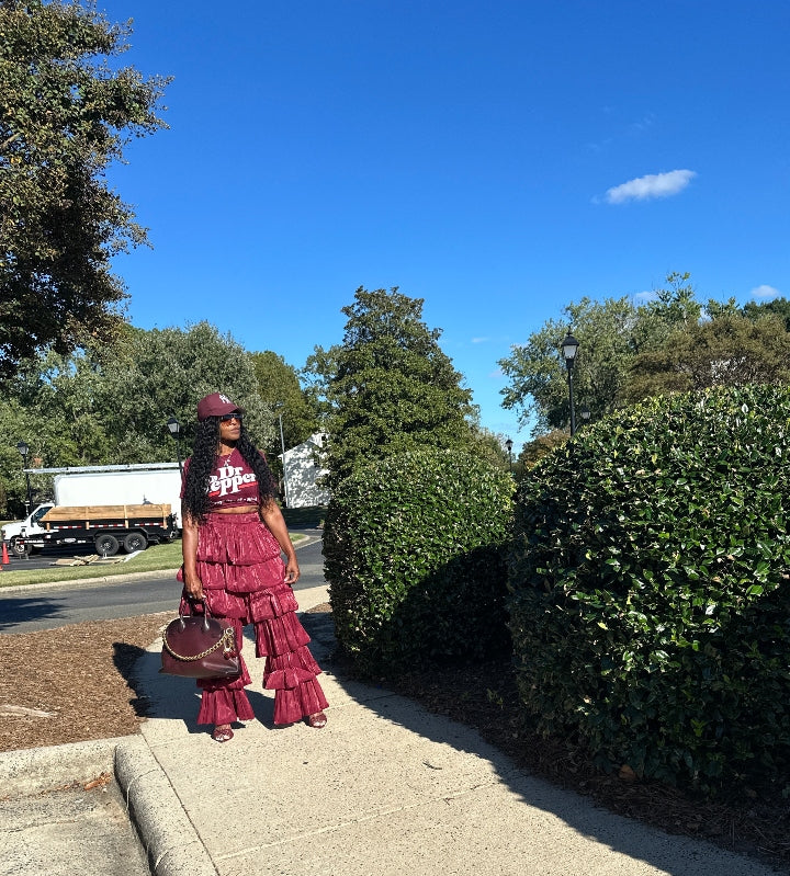 LUXE All the Vibes Bubble hem layered pants - Burgundy