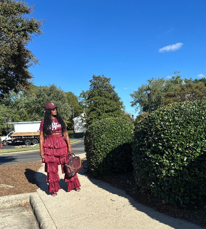 LUXE All the Vibes Bubble hem layered pants - Burgundy