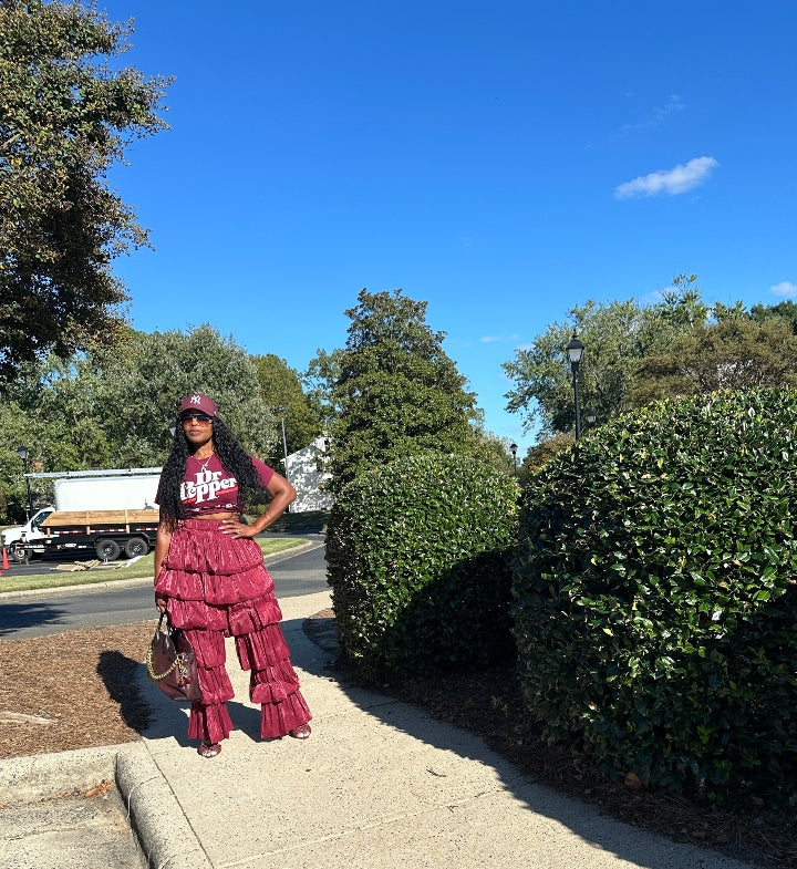 LUXE All the Vibes Bubble hem layered pants - Burgundy