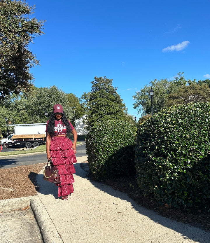 LUXE All the Vibes Bubble hem layered pants - Burgundy