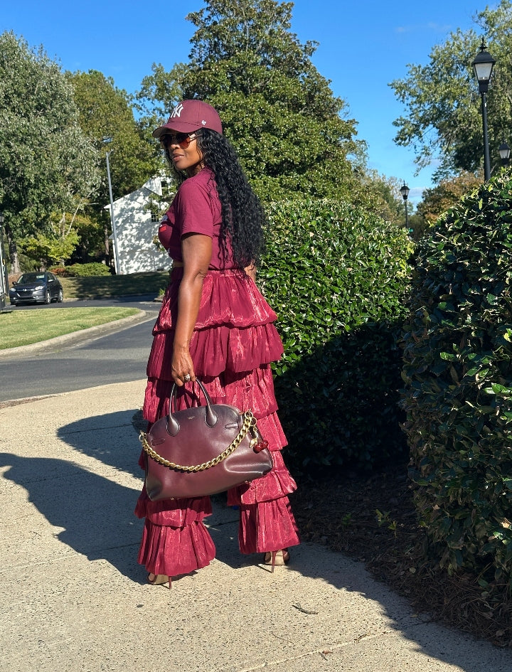LUXE All the Vibes Bubble hem layered pants - Burgundy