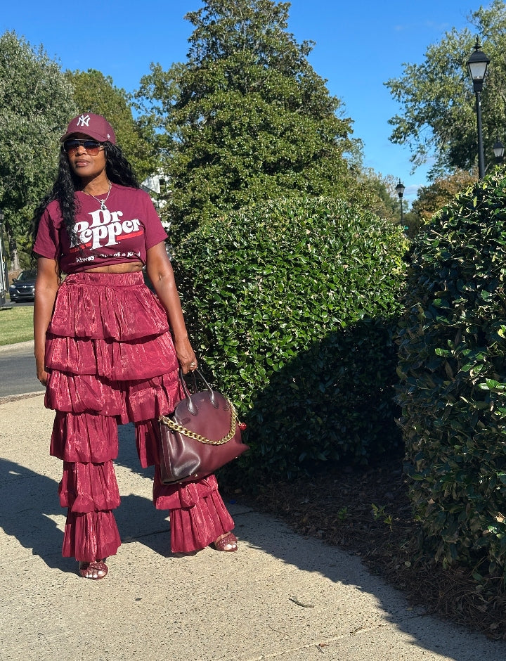 LUXE All the Vibes Bubble hem layered pants - Burgundy
