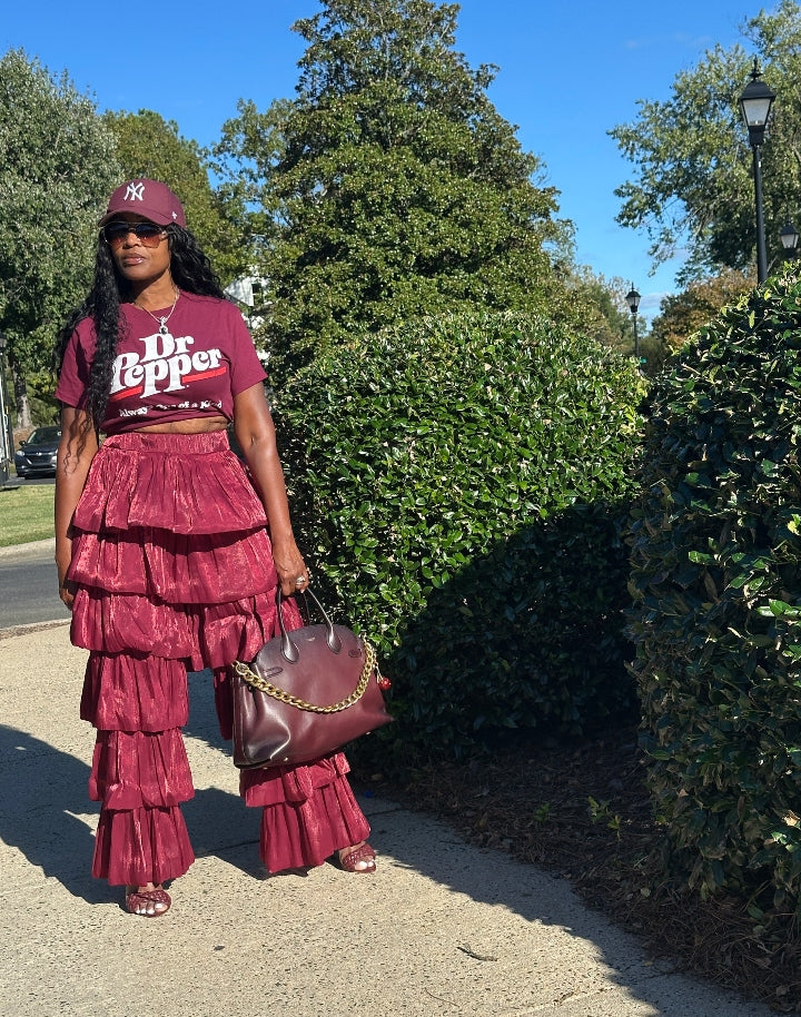 LUXE All the Vibes Bubble hem layered pants - Burgundy