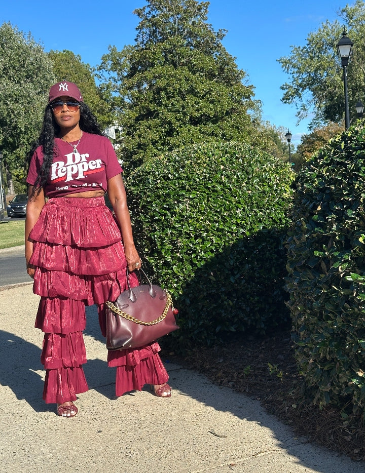 LUXE All the Vibes Bubble hem layered pants - Burgundy