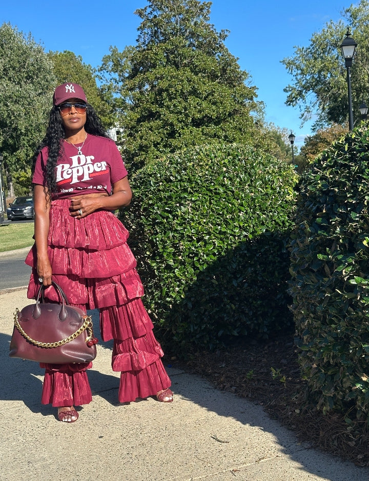LUXE All the Vibes Bubble hem layered pants - Burgundy