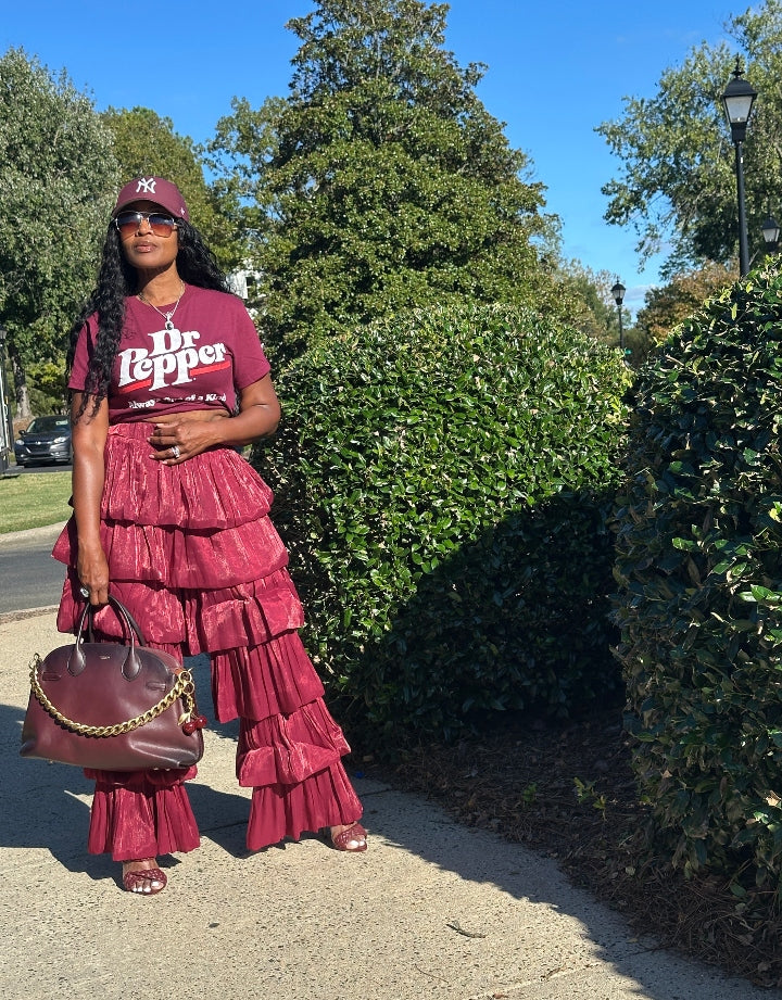 LUXE All the Vibes Bubble hem layered pants - Burgundy