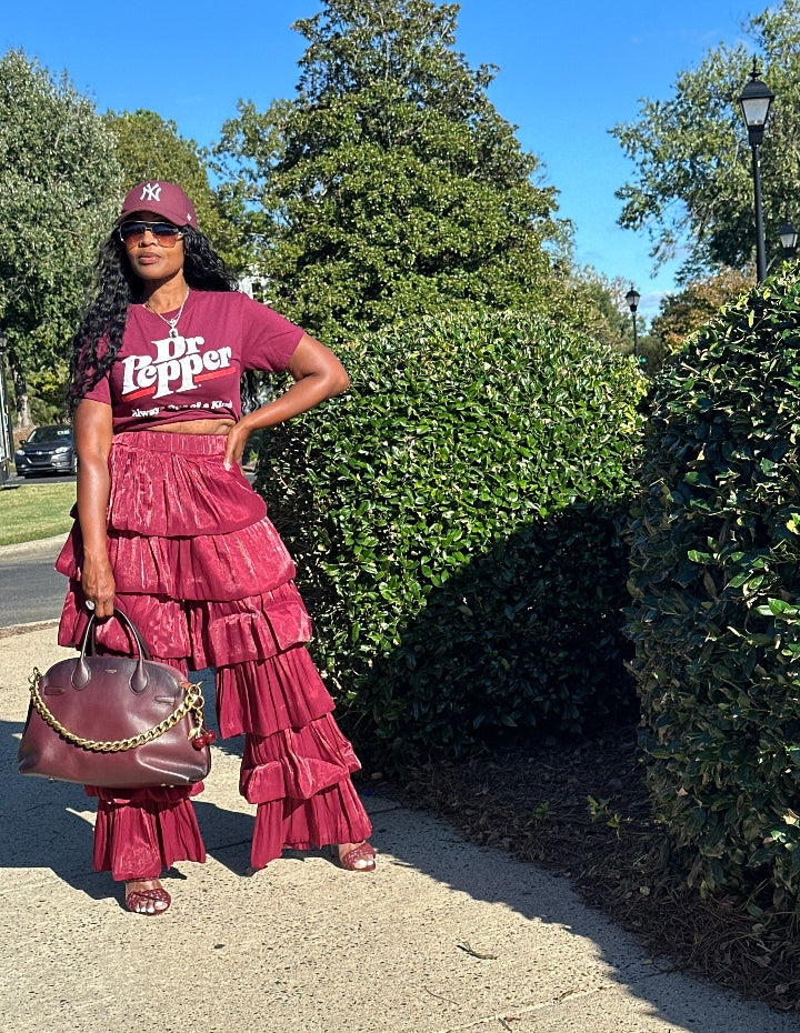 LUXE All the Vibes Bubble hem layered pants - Burgundy