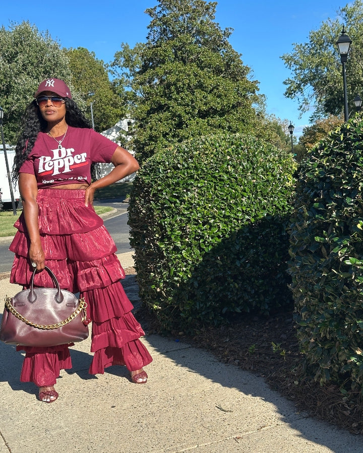 LUXE All the Vibes Bubble hem layered pants - Burgundy