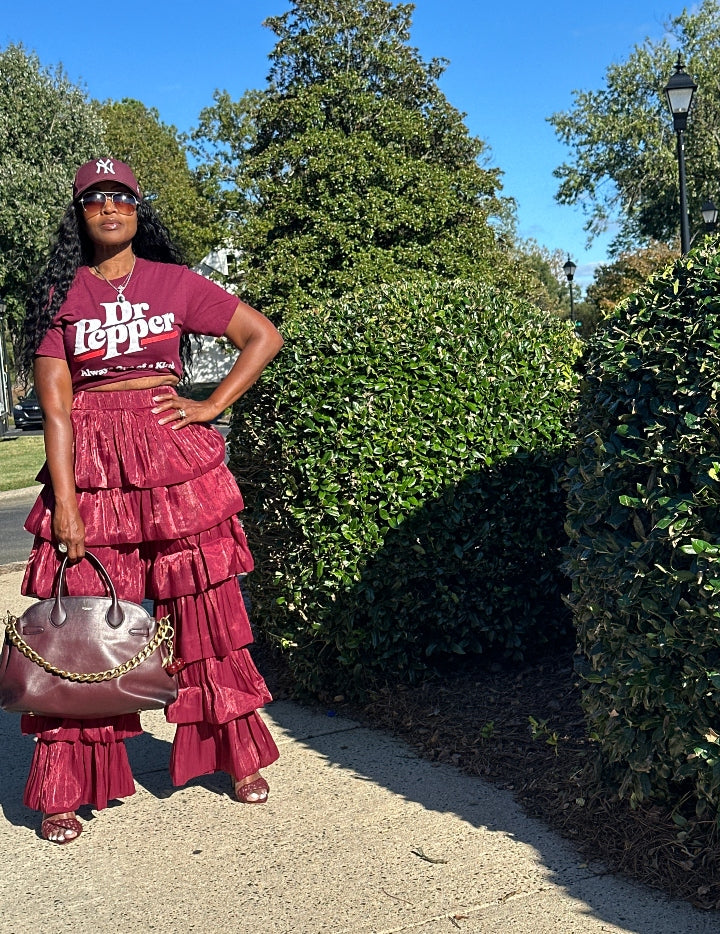 LUXE All the Vibes Bubble hem layered pants - Burgundy