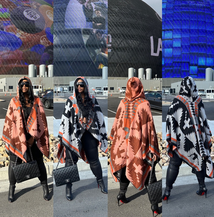 REVERSIBLE Rich Auntie Open Front Poncho with Hood - Grey Black Orange Peach Blend Ships 10/20