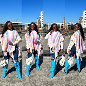 Rich Auntie Winter Chevron Ruffle Stripe Split Poncho - Pink Turquoise Cream Blend
