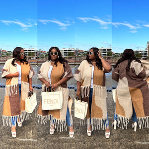 Rich Auntie Winter Open Front Long Kimono -Brown Tan Caramel Blend