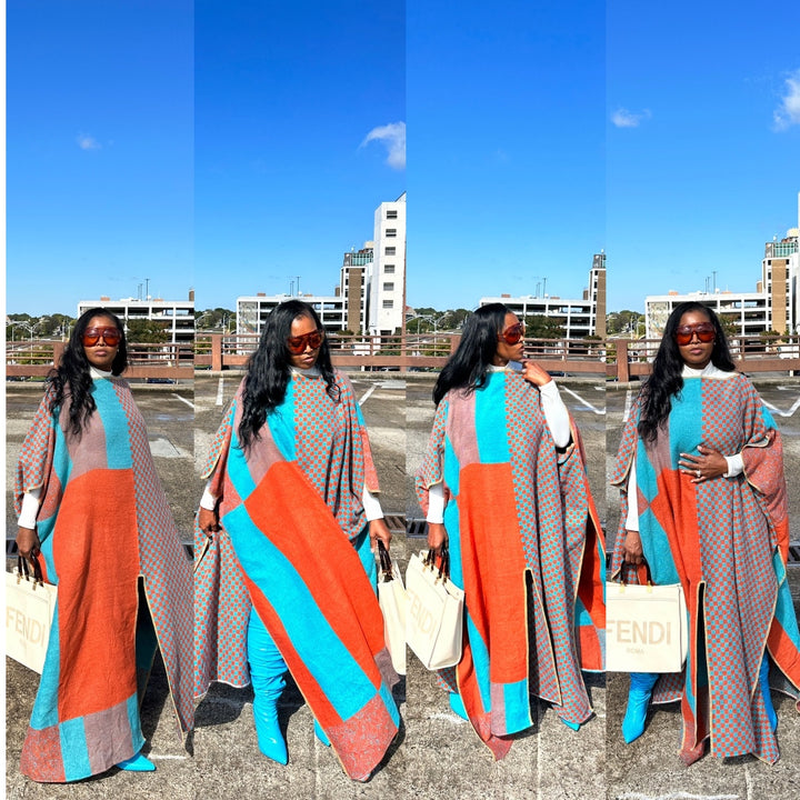 RESTOCKED Rich Auntie Winter Fashion Split Kimono - Rust Turquoise Blend Ships 1/17