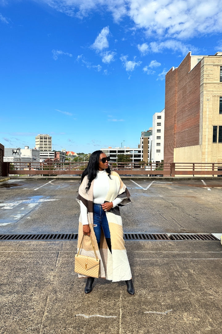 Rich Auntie Open Front Black Tan  and White Long Duster Cardigan