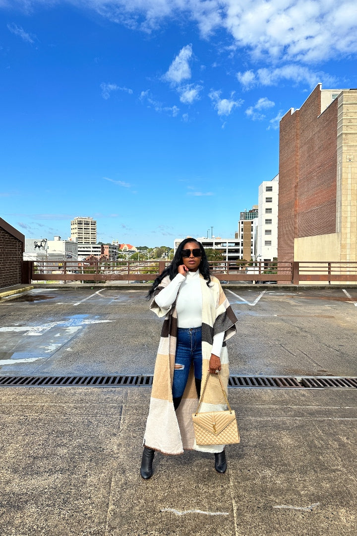 Rich Auntie Open Front Black Tan  and White Long Duster Cardigan